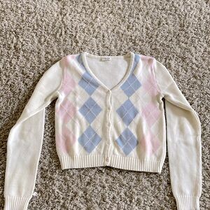 White Argyle V neck Brandy Melville Cardigan